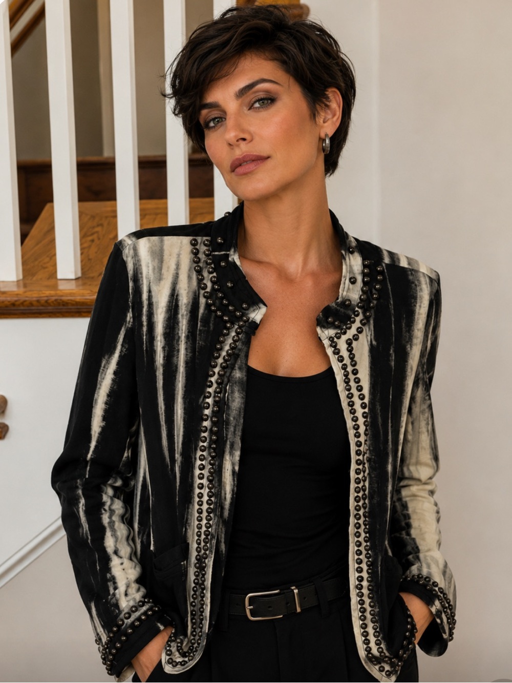 Porter Collective L Black & Cream Studded Tie-Dye Jacket